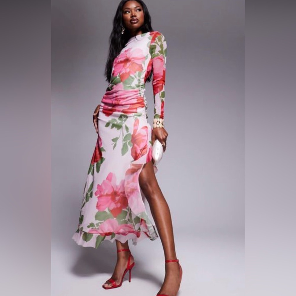 ASOS Pink and Green Floral Long Sleeve Dress